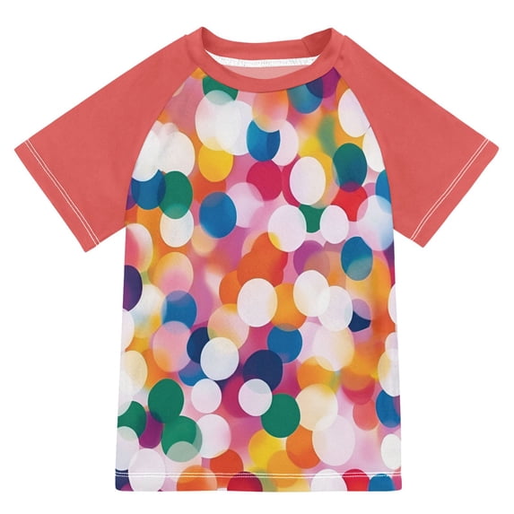 FORMRS Boys Rash Guard Short Sleeves Swim Shirt Quick Dry UPF 50+ Sun Protection, Sizes 3-12T, White Colorful Circles