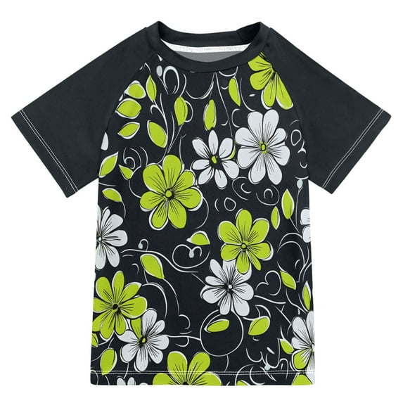 FORMRS Boys Rash Guard with Short Sleeves UPF 50+ Swim Shirts Sizes 3-12T, White Flower Pattern