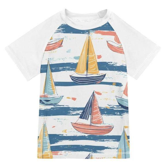 FORMRS Boys Rash Guard with Short Sleeves UPF 50  Swim Shirts Sizes 3-12T, White Hand Drawn Sailboats