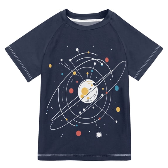 FORMRS Boys Rash Guard Short Sleeves Swim Shirt Quick Dry UPF 50+ Sun Protection, Sizes 3-12T, White Planet
