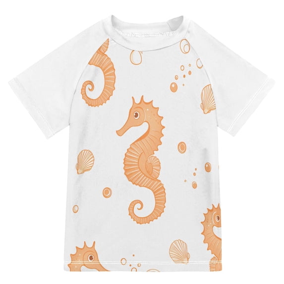 FORMRS Boys Rash Guard Short Sleeves Swim Shirt Quick Dry UPF 50+ Sun Protection, Sizes 3-12T, White Seahorse