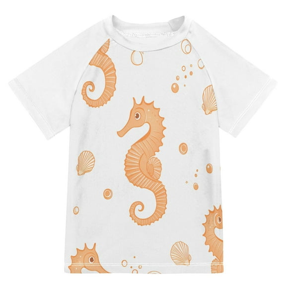 FORMRS Boys Rash Guard with Short Sleeves UPF 50  Swim Shirts Sizes 3-12T, White Seahorse