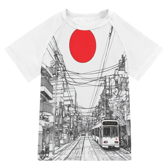 FORMRS Boys Rash Guard with Short Sleeves UPF 50  Swim Shirts Sizes 3-12T, White Streets