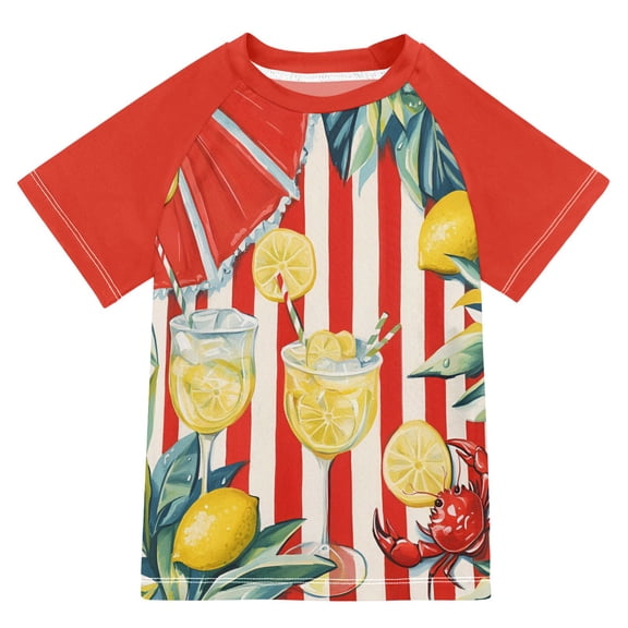 FORMRS Boys Rash Guard with Short Sleeves UPF 50 Swim Shirts Sizes 3-12T, White Striped Lemon