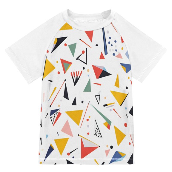 FORMRS Boys Rash Guard with Short Sleeves UPF 50  Swim Shirts Sizes 3-12T, White Triangles