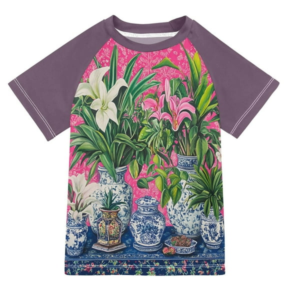 FORMRS Boys Rash Guard with Short Sleeves UPF 50  Swim Shirts Sizes 3-12T, White Vibrant Flowers