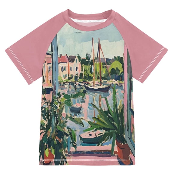 FORMRS Boys Rash Guard with Short Sleeves UPF 50 Swim Shirts Sizes 3-12T, Window Plants