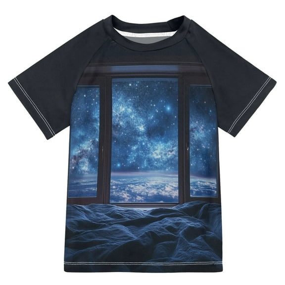 FORMRS Boys Rash Guard with Short Sleeves UPF 50  Swim Shirts Sizes 3-12T, Window Space