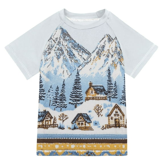 FORMRS Boys Rash Guard with Short Sleeves UPF 50+ Swim Shirts Sizes 3-12T, Winter Village