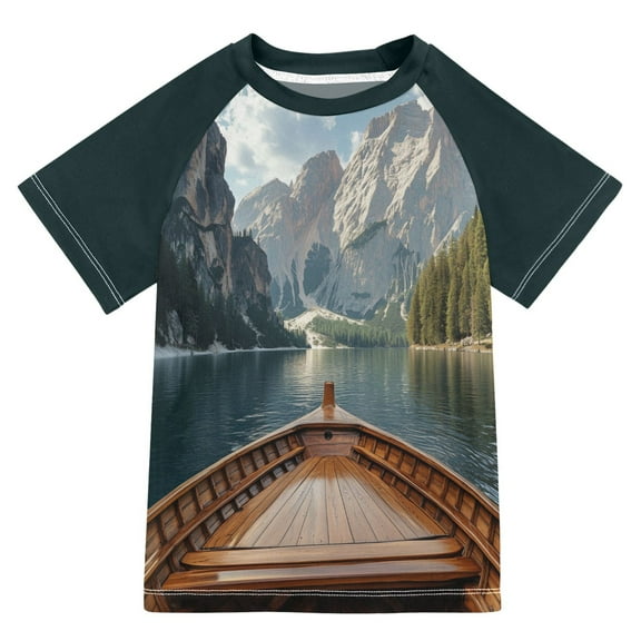 FORMRS Boys Rash Guard with Short Sleeves UPF 50 Swim Shirts Sizes 3-12T, Wooden Boat