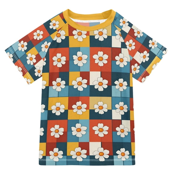 FORMRS Boys Rash Guard with Short Sleeves UPF 50  Swim Shirts Sizes 3-12T, Yellow Checkered Daisy