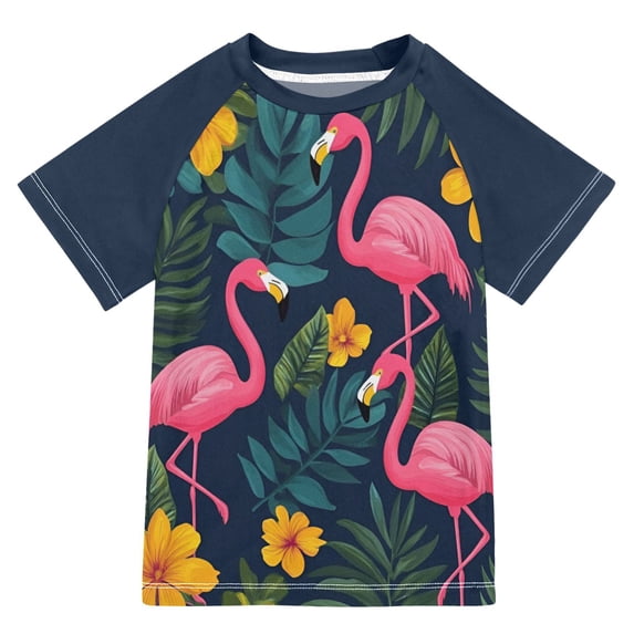 FORMRS Boys Rash Guard Short Sleeves Swim Shirt Quick Dry UPF 50+ Sun Protection, Sizes 3-12T, Yellow Floral Flamingo