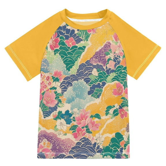 FORMRS Boys Rash Guard with Short Sleeves UPF 50  Swim Shirts Sizes 3-12T, Yellow Floral Wave