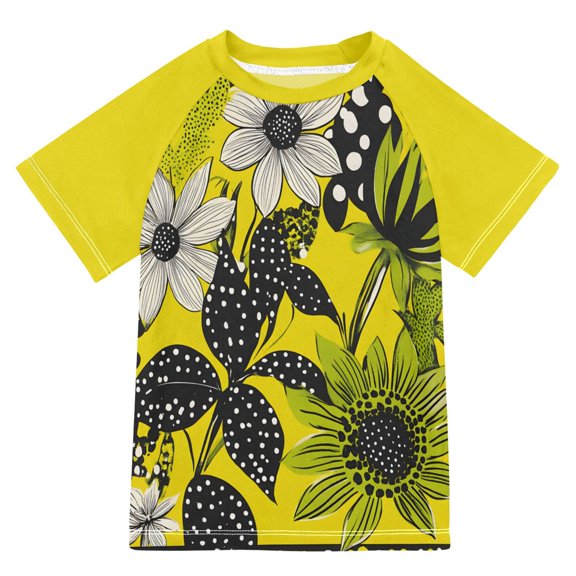 FORMRS Boys Rash Guard with Short Sleeves UPF 50 Swim Shirts Sizes 3-12T, Yellow Flowers