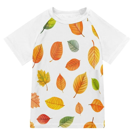 FORMRS Boys Rash Guard with Short Sleeves UPF 50+ Swim Shirts Sizes 3-12T, Yellow Leaves
