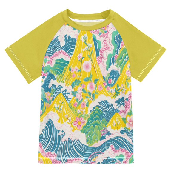 FORMRS Boys Rash Guard Short Sleeves Swim Shirt Quick Dry UPF 50+ Sun Protection, Sizes 3-12T, Yellow Mountains