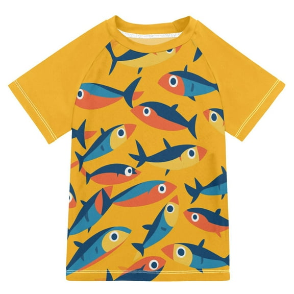 FORMRS Boys Rash Guard with Short Sleeves UPF 50 Swim Shirts Sizes 3-12T, Yellow Sardines Pattern