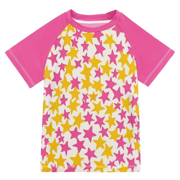 FORMRS Boys Rash Guard with Short Sleeves UPF 50  Swim Shirts Sizes 3-12T, Yellow Stars Pattern