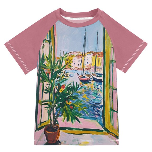 FORMRS Boys Rash Guard with Short Sleeves UPF 50  Swim Shirts Sizes 3-12T, Yellow Window