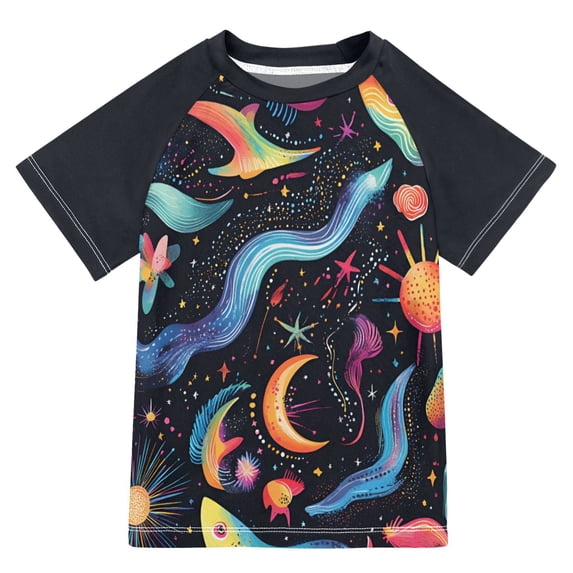 FORMRS Boys Rash Guard Short Sleeves Swim Shirt Quick Dry UPF 50+ Sun Protection, Sizes 3-12T, Zodiac Stars