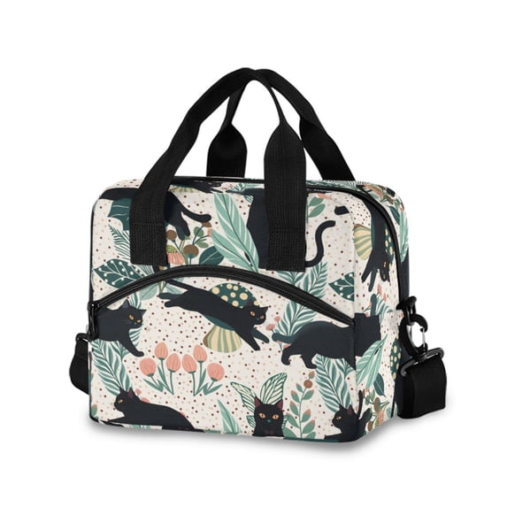 FORMRS Reusable Lunch Bag for Work School Leakproof Insulated Cooler with Adjustable Shoulder Strap, Black Floral Cat Pattern