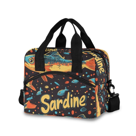 FORMRS Reusable Lunch Bag for Work School Leakproof Insulated Cooler with Adjustable Shoulder Strap, Black Sardines Pattern