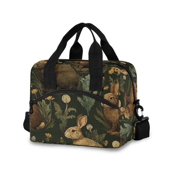 FORMRS Reusable Lunch Bag for Work School Leakproof Insulated Cooler with Adjustable Shoulder Strap, Brown Floral Rabbits Pattern
