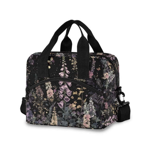 FORMRS Reusable Lunch Bag for Work School Leakproof Insulated Cooler with Adjustable Shoulder Strap, Dark Flowers Pattern