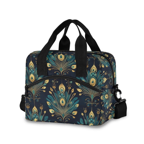 FORMRS Reusable Lunch Bag for Work School Leakproof Insulated Cooler with Adjustable Shoulder Strap, Gold Peacock Pattern