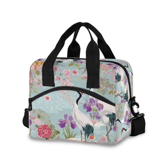 FORMRS Reusable Lunch Bag for Work School Leakproof Insulated Cooler with Adjustable Shoulder Strap, Green Floral Cranes Pattern