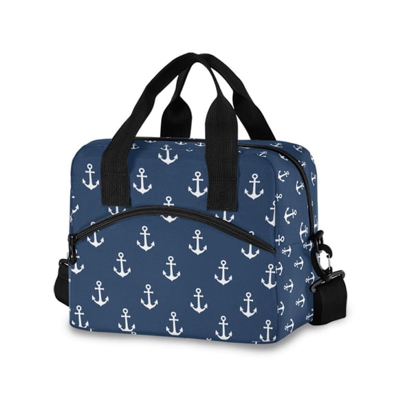 FORMRS Reusable Lunch Bag for Work School Leakproof Insulated Cooler with Adjustable Shoulder Strap, Navy Blue Anchors Pattern