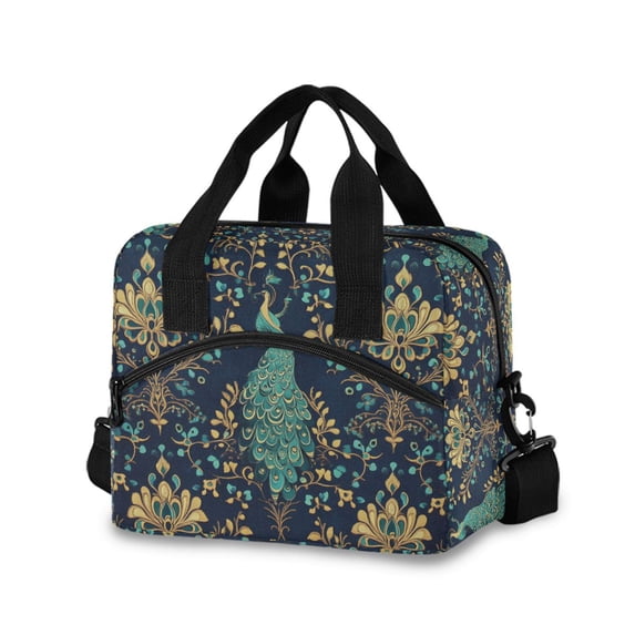FORMRS Reusable Lunch Bag for Work School Leakproof Insulated Cooler with Adjustable Shoulder Strap, Navy Blue Peacock Pattern