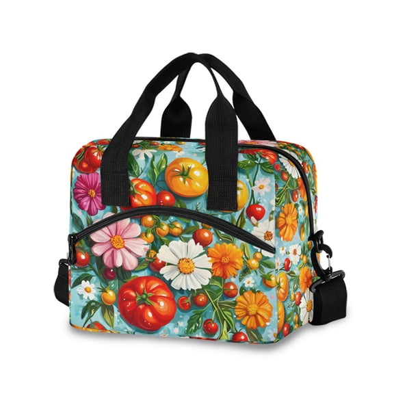 FORMRS Reusable Lunch Bag for Work School Leakproof Insulated Cooler with Adjustable Shoulder Strap, Pink Floral Tomatoes