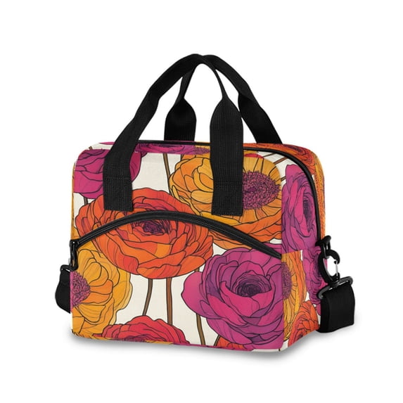 FORMRS Reusable Lunch Bag for Work School Leakproof Insulated Cooler with Adjustable Shoulder Strap, Purple Hand Drawn Floral