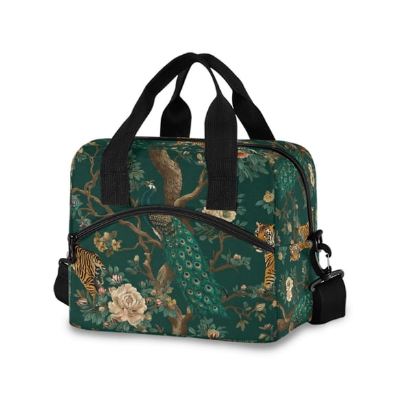 FORMRS Reusable Lunch Bag for Work School Leakproof Insulated Cooler with Adjustable Shoulder Strap, Tiger and Peacock Pattern