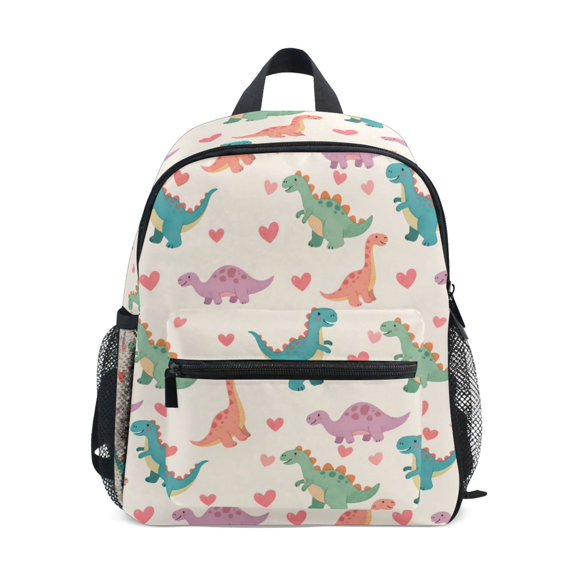FORMRS Kids School Backpack with Front Zippered Pocket 12" Student Travel Daypack, Beige Cartoon DinosaurPattern