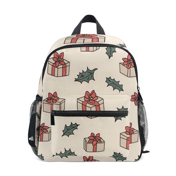 FORMRS Kids School Backpack with Front Zippered Pocket 12" Student Travel Daypack, Beige Christmas Box Pattern