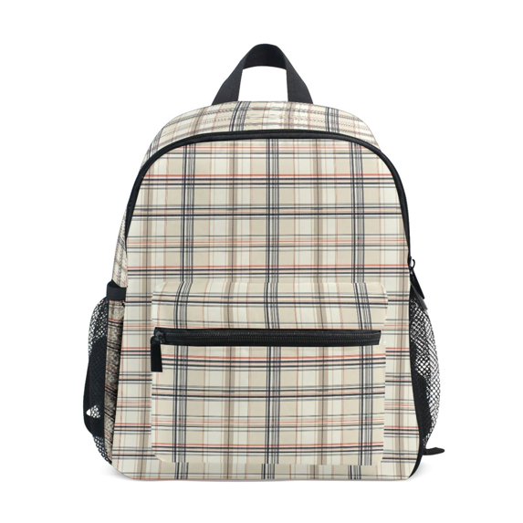 FORMRS Kids School Backpack with Front Zippered Pocket 12" Student Travel Daypack, Beige Plaid Pattern