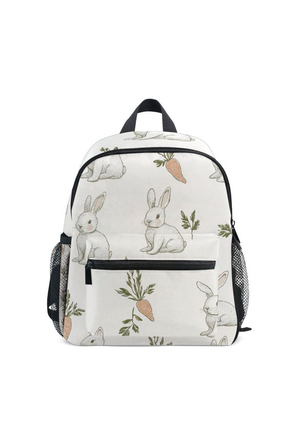 School Backpack with Front Zippered Pocket 12" Student Travel Daypack, Beige Rabbits and Carrots
