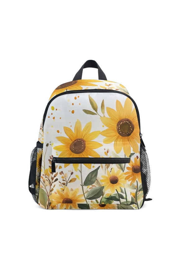 School Backpack with Front Zippered Pocket 12" Elementary Student Travel Daypack, Beige Sunflowers