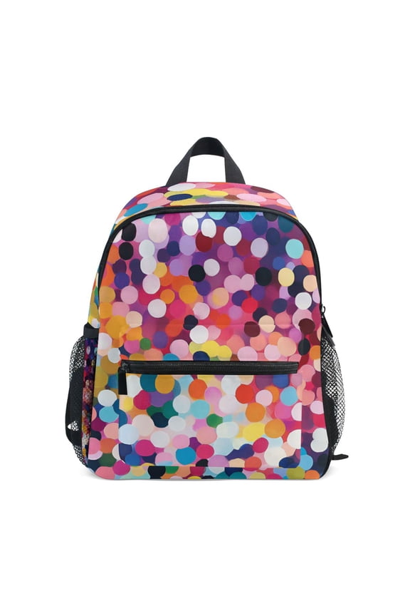 School Backpack with Front Zippered Pocket 12" Student Travel Daypack, Black Colorful Circles