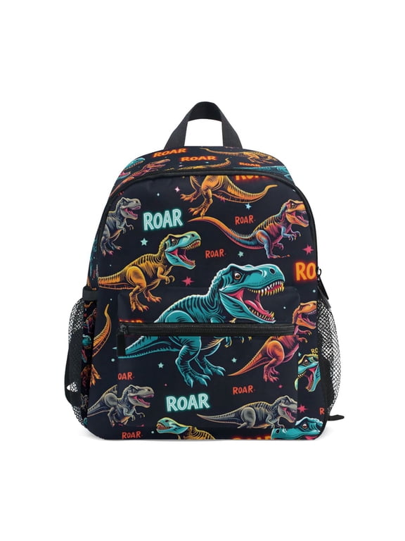 Kids School Backpack with Front Zippered Pocket 12" Student Travel Daypack, Black Dinosaurs Pattern