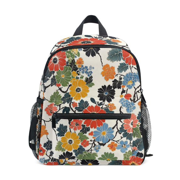 FORMRS School Backpack with Front Zippered Pocket 12" Student Travel Daypack, Black Flowers Pattern