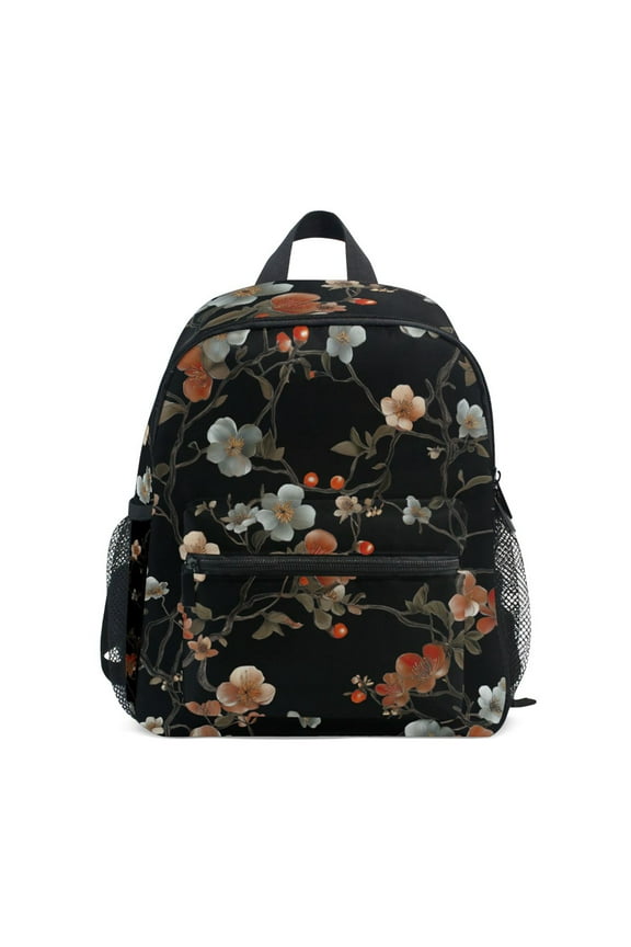 School Backpack with Front Zippered Pocket 12" Student Travel Daypack, Black Flowers