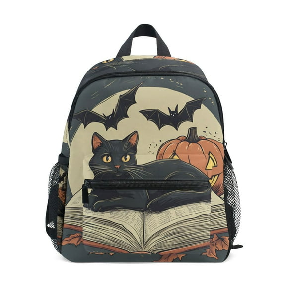 FORMRS School Backpack with Front Zippered Pocket 12" Elementary Student Travel Daypack, Black Halloween Cat