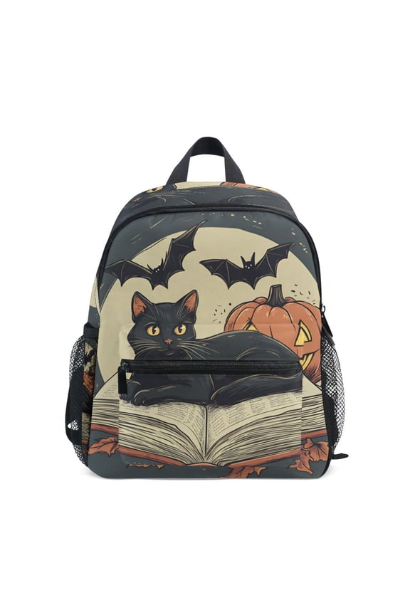 School Backpack with Front Zippered Pocket 12" Elementary Student Travel Daypack, Black Halloween Cat