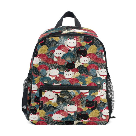 FORMRS Kids School Backpack with Front Zippered Pocket 12" Student Travel Daypack, Black Lucky Cat
