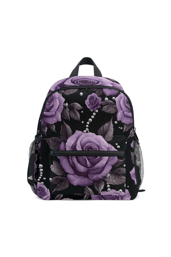 School Backpack with Front Zippered Pocket 12" Student Travel Daypack, Black Roses