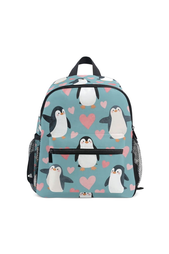 School Backpack with Front Zippered Pocket 12" Student Travel Daypack, Blue Cartoon Penguins Pattern