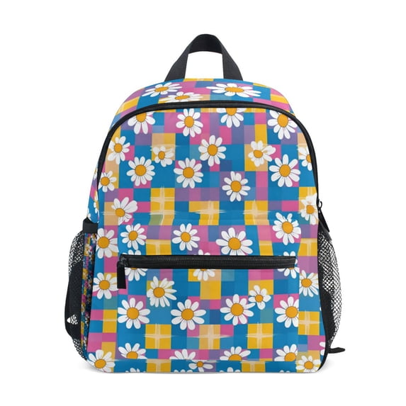 FORMRS Kids School Backpack with Front Zippered Pocket 12" Student Travel Daypack, Blue Checkered Daisy